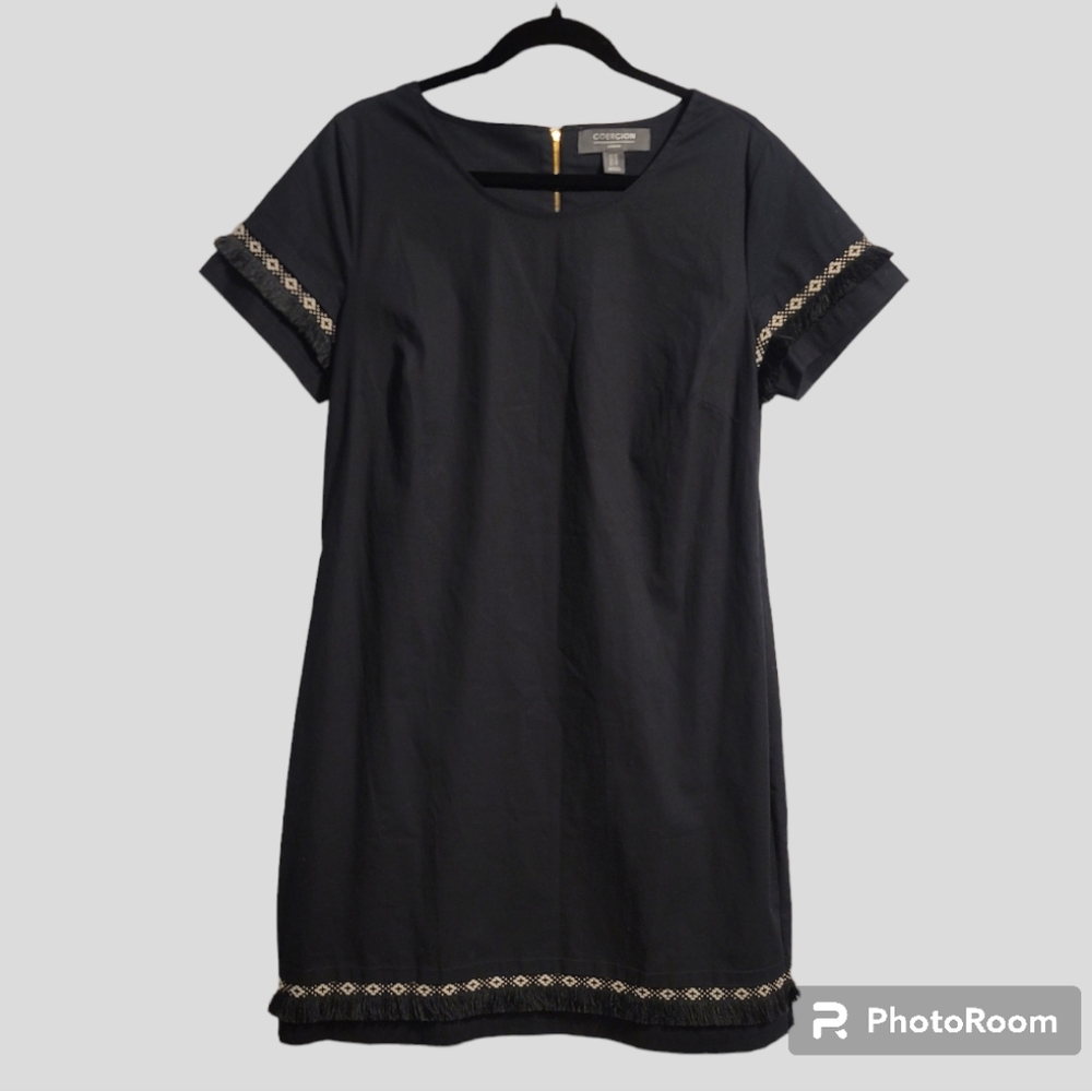 Coercion Shift Dress Womens Sz 10 Black Short Sleeve Stretch Aztec Fringe Trim